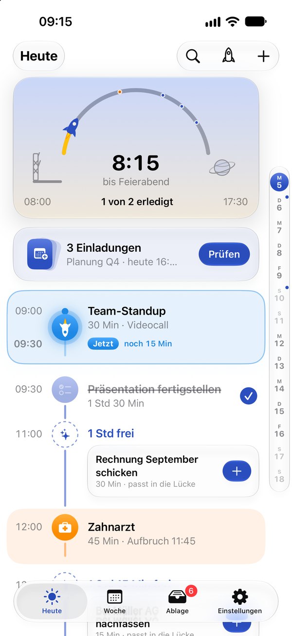 Missn auf dem iPhone: Heute mit der Flugbahn bis Feierabend, Terminen und einer Aufgabe in der freien Lücke